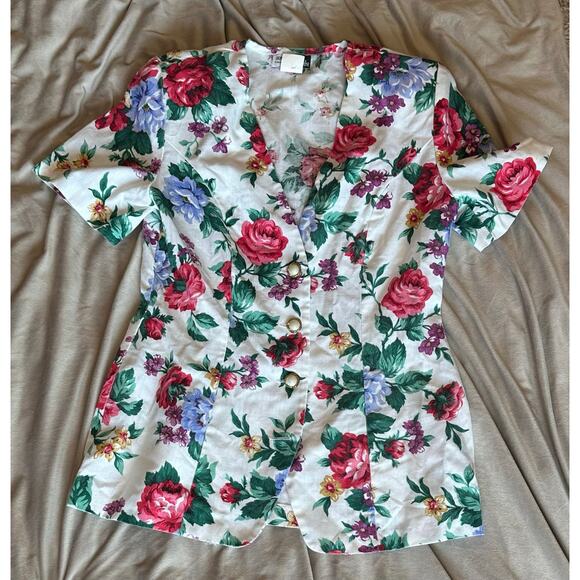 Vintage 80s floral short sleeve button down business jacket - Picture 1 of 4